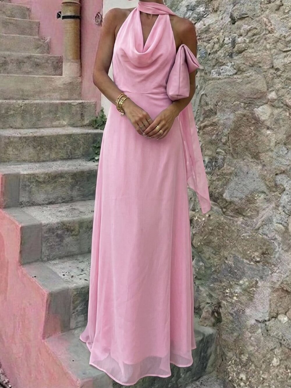 Pink Preppy Women's Cowl Neck Backless A-Line Long Dress